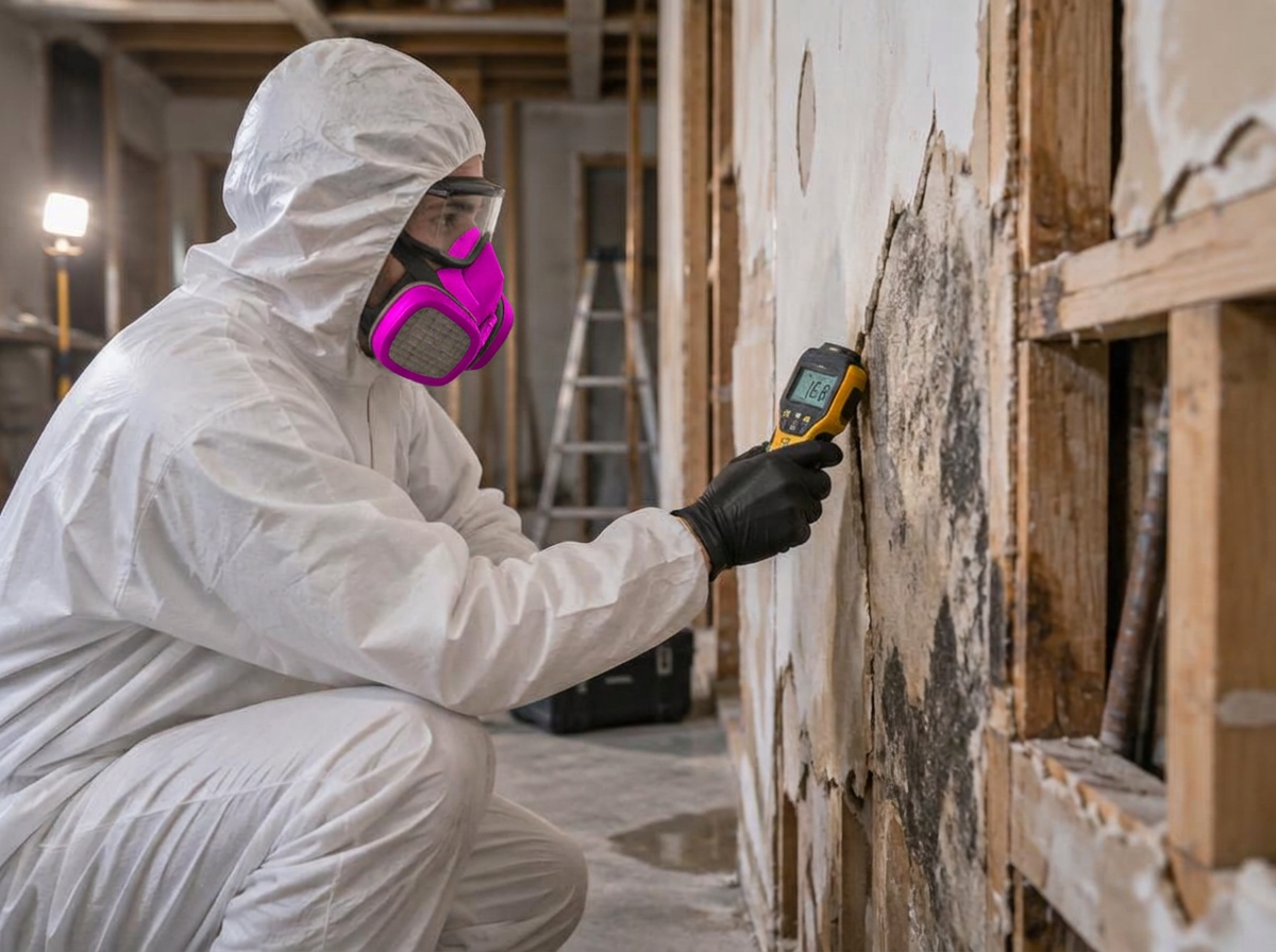An Apex Environmental technician in protective gear assessing a wall for hazardous material